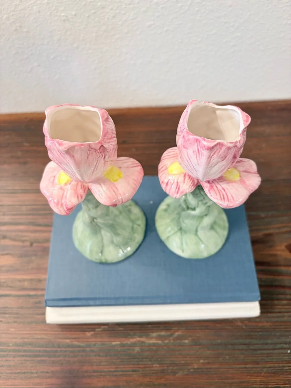 Handcrafted Pink Flower Ceramic Candle Holders - Set of 2